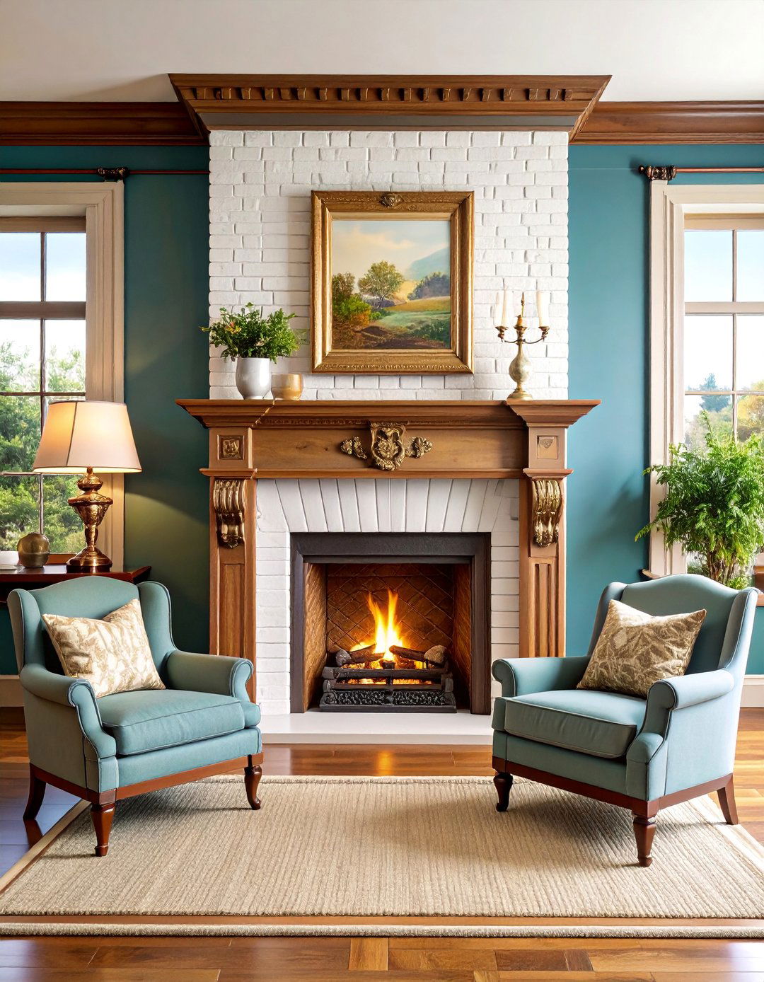 Traditional White Brick Fireplace with Classic Wooden Mantel - 25 White Brick Fireplace Ideas
