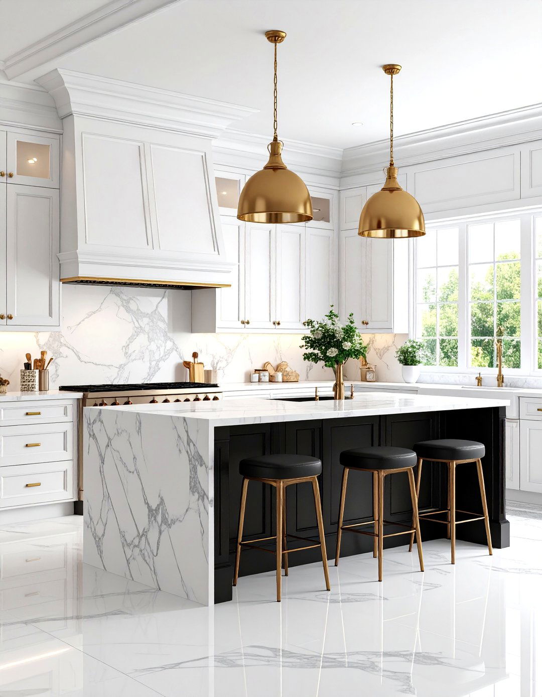 Traditional White Kitchen with Black Island and Marble Countertops - 25 white kitchen ideas with black island