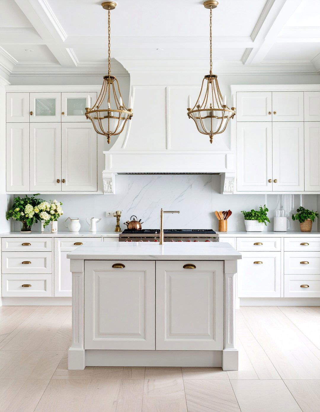 Traditional White Kitchen with Crown Molding Details - 25 White Kitchen with Stainless Steel Appliances Ideas