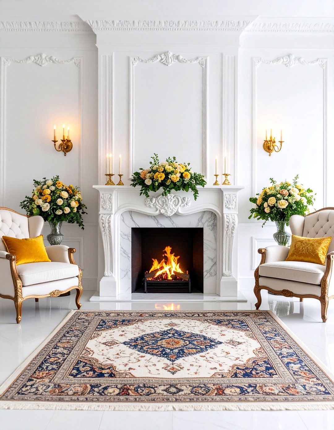 Traditional White Marble Fireplace with Ornate Mantel - 25 White Stone Fireplace Ideas