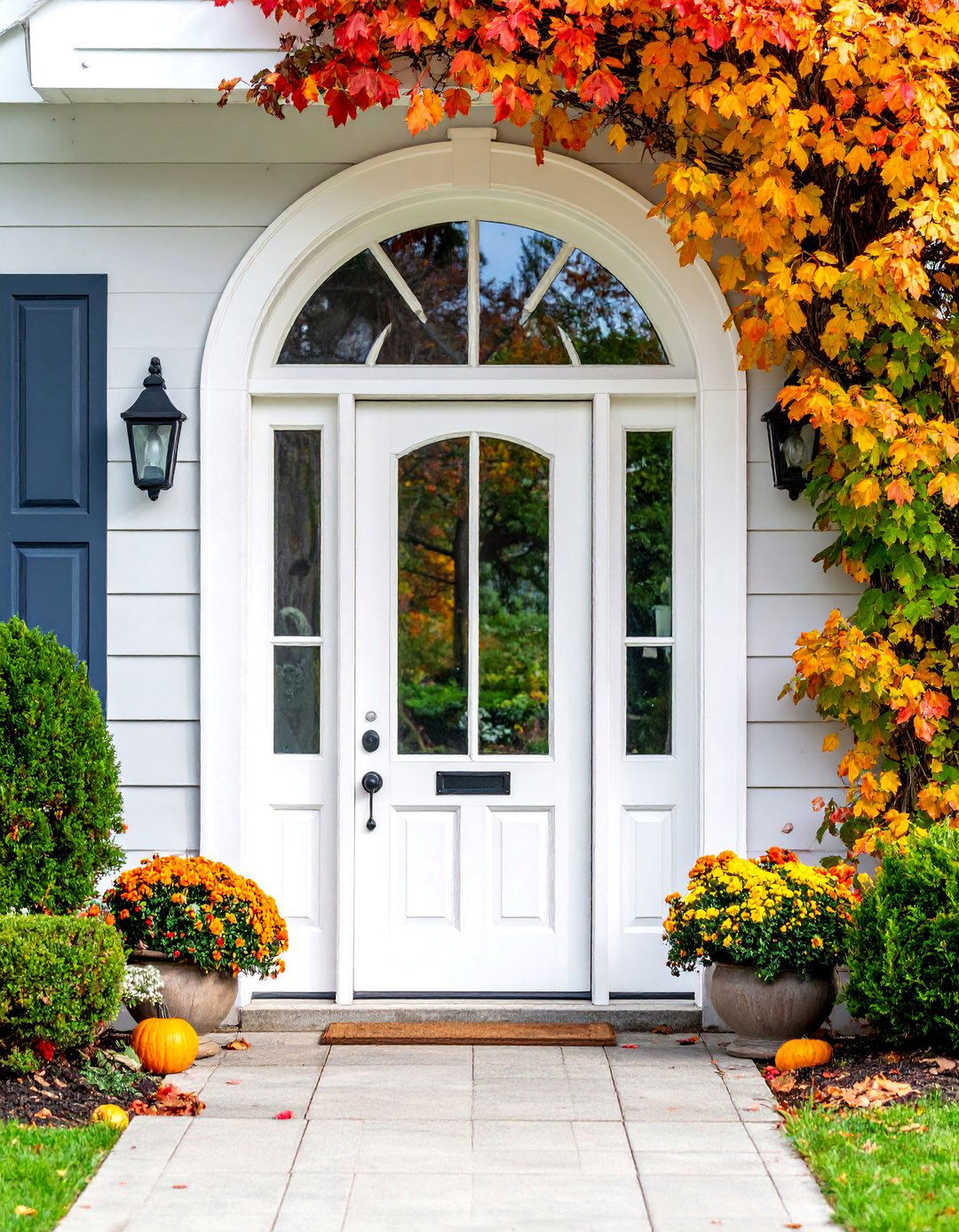Traditional White Oak Door with Arched Glass Panel - 25 White Oak Front Door Ideas