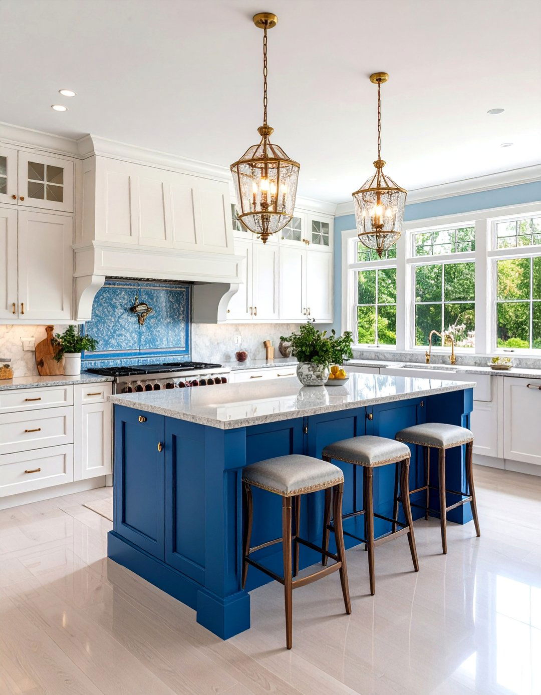 Traditional White Raised Panel Cabinets with Royal Blue Island - 25 White Kitchen Cabinets With Blue Island