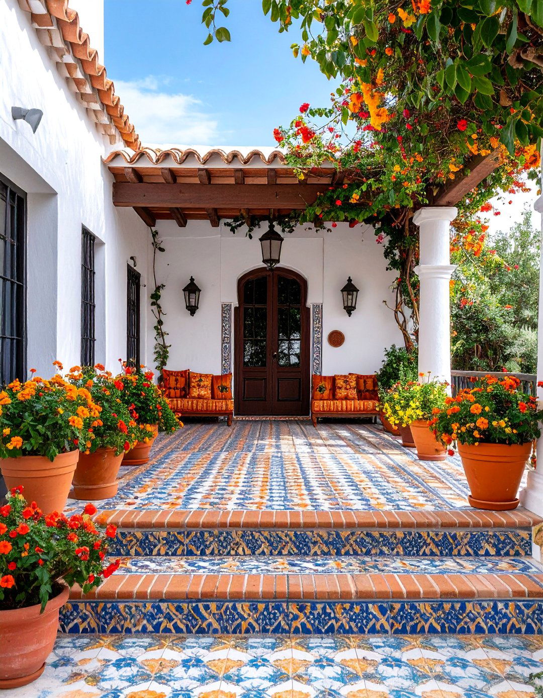 Traditional Whitewashed Porch with Bright Accents - 25 spanish style front porch ideas