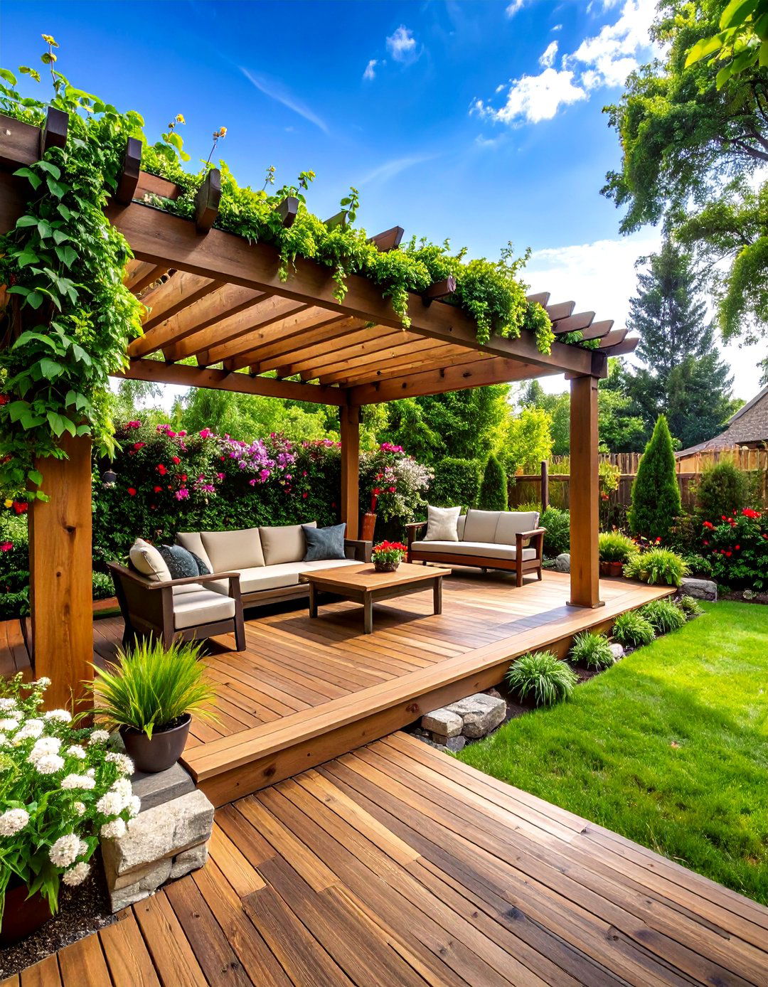 Traditional Wood Deck with Pergola and Climbing Vines - 25 2nd Floor Deck Ideas
