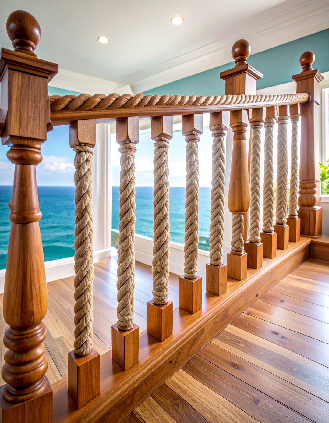 Traditional Wood Railing with Rope Accents - 25 Wood Stair Railing Ideas