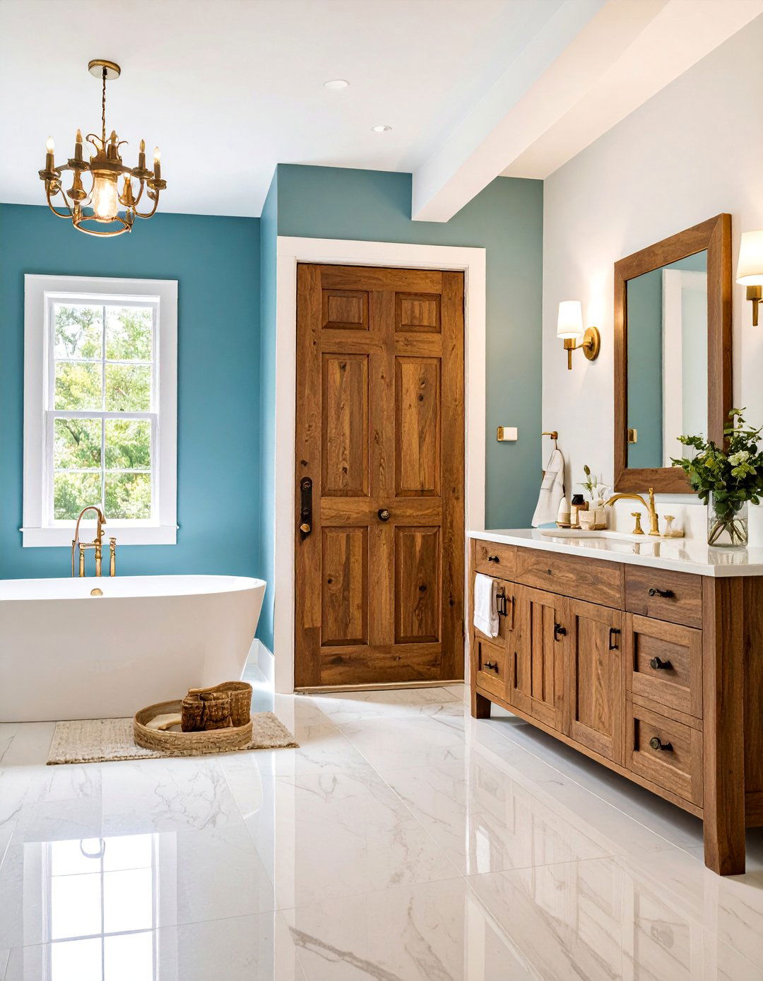 Traditional Wooden Panel Door with Contemporary Brass Hardware - 25 Bathroom Door Ideas