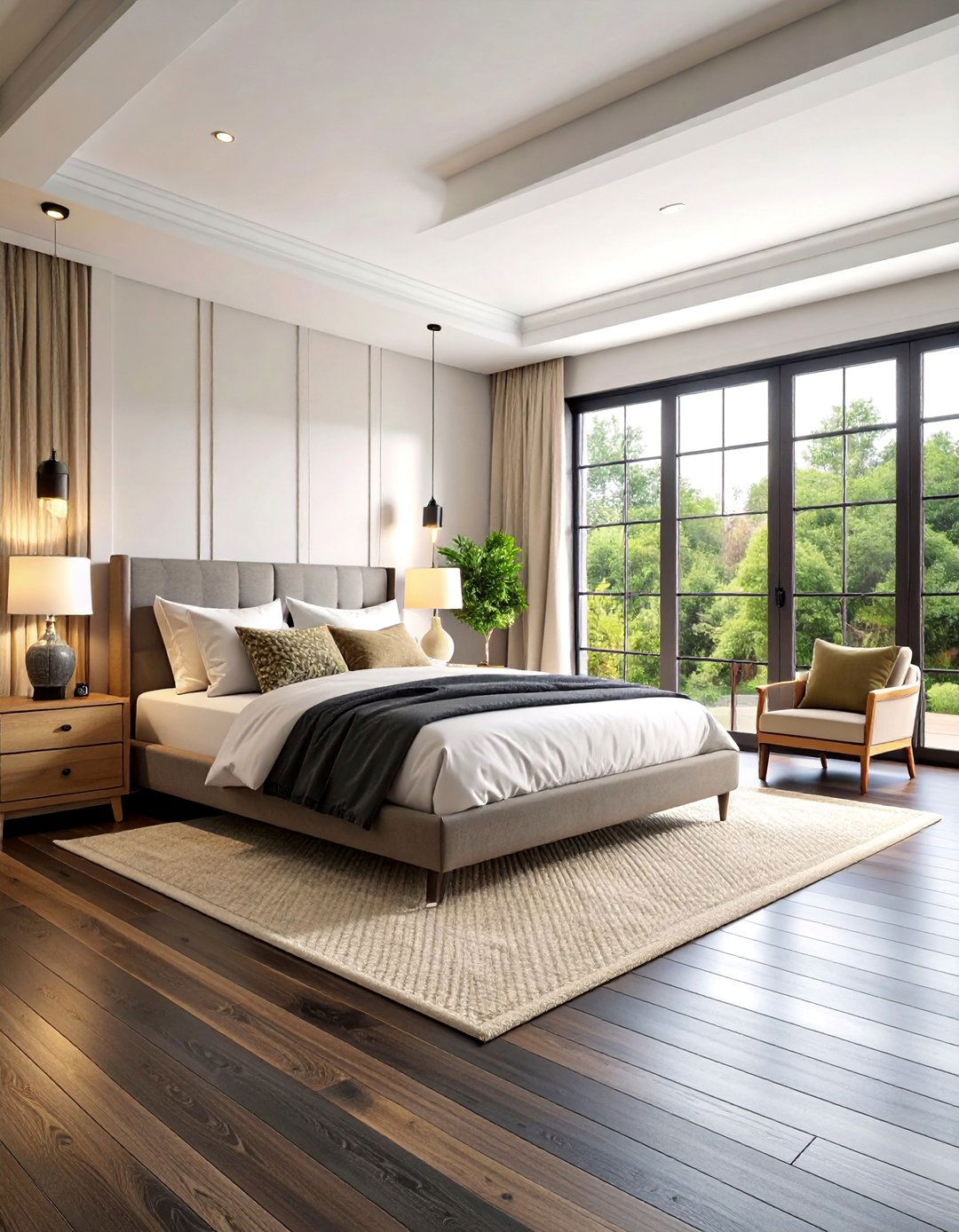 Transitional Bedroom with Black Engineered Hardwood Floors and Mixed Materials - 25 Black Floor Bedroom Ideas