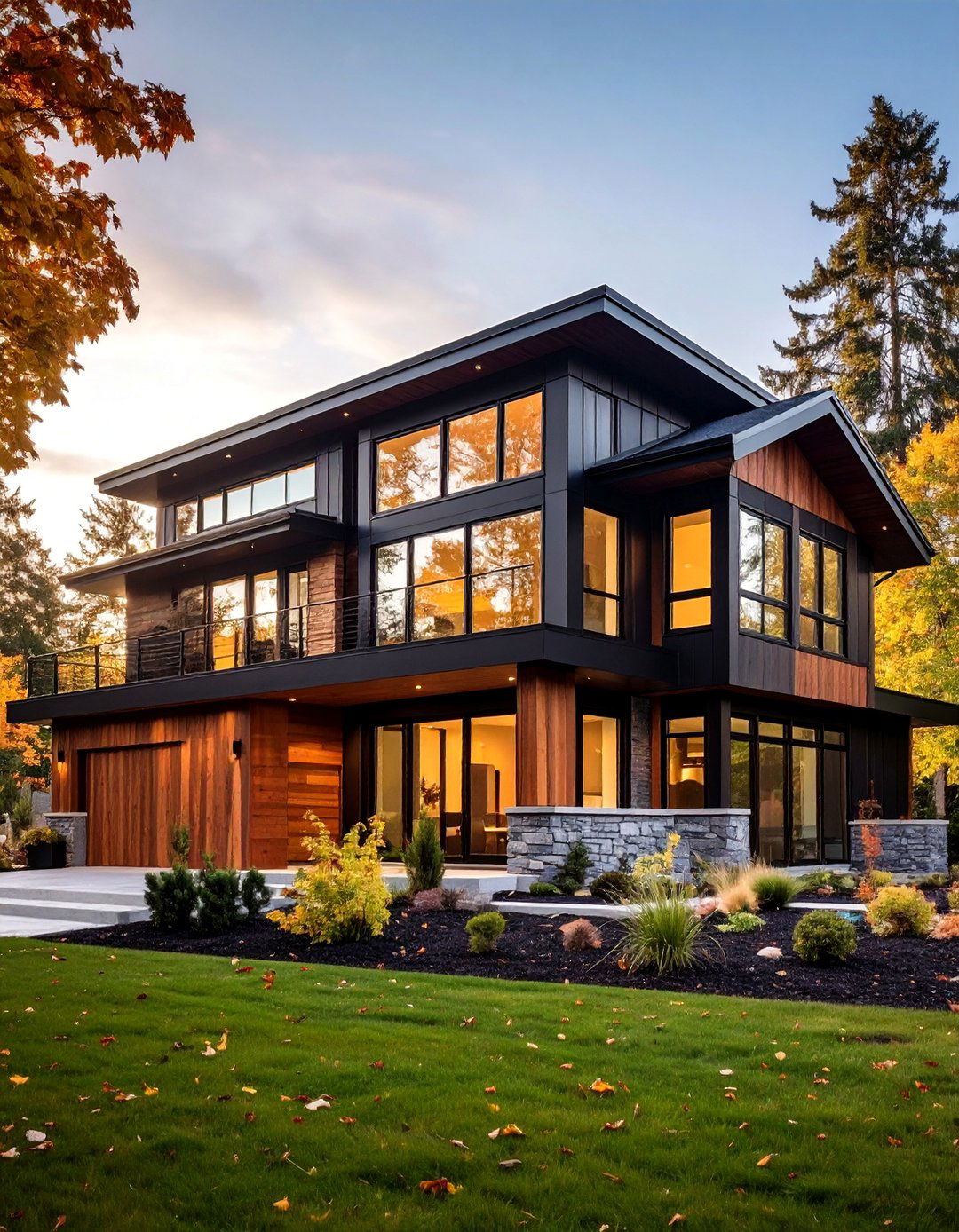Transitional Black House with Cedar Mixed Material Design - 25 Black House With Wood Accents
