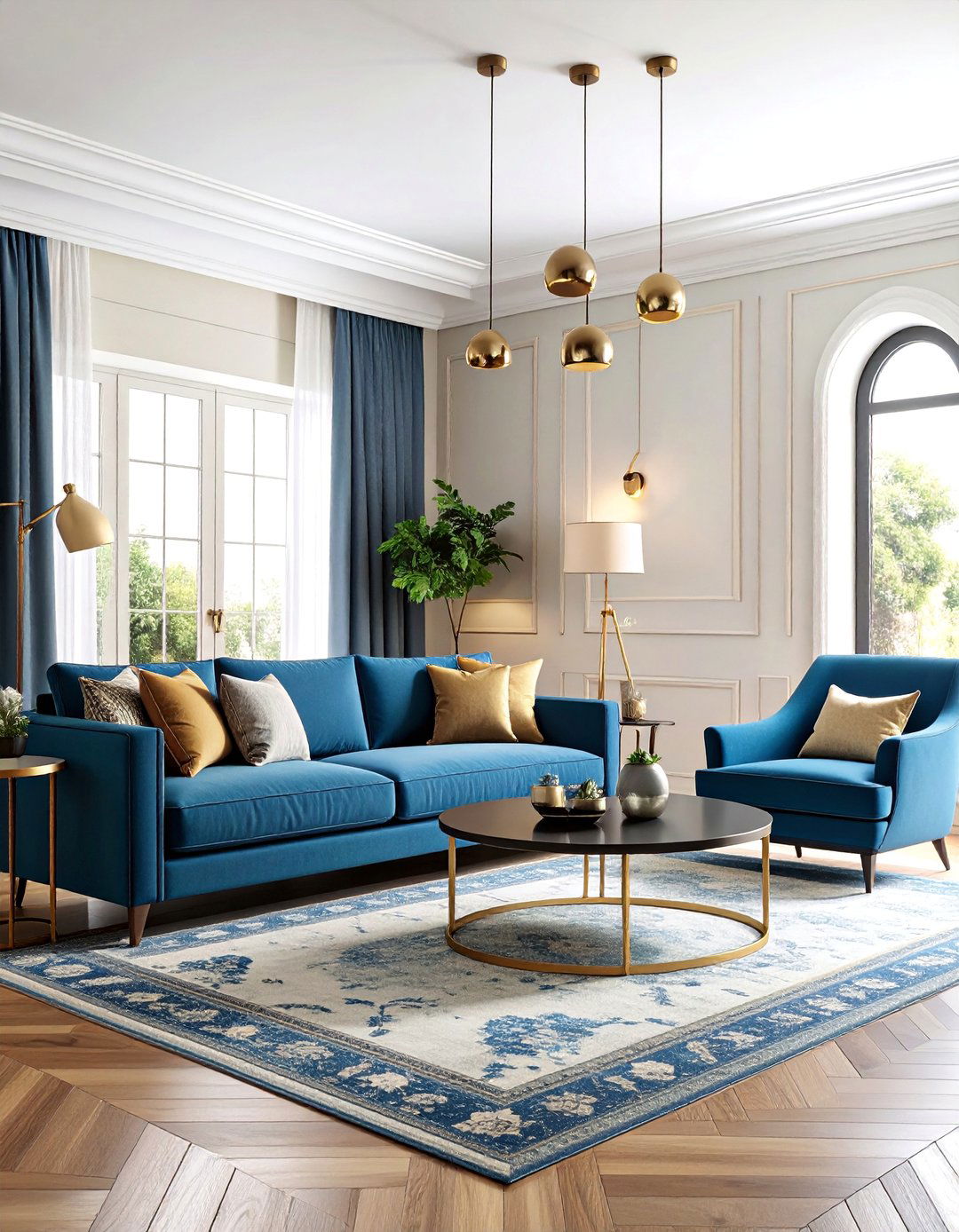 Transitional Blue Linen Sofa with Black Painted Wood Trim - 25 Black and Blue Living Room Ideas