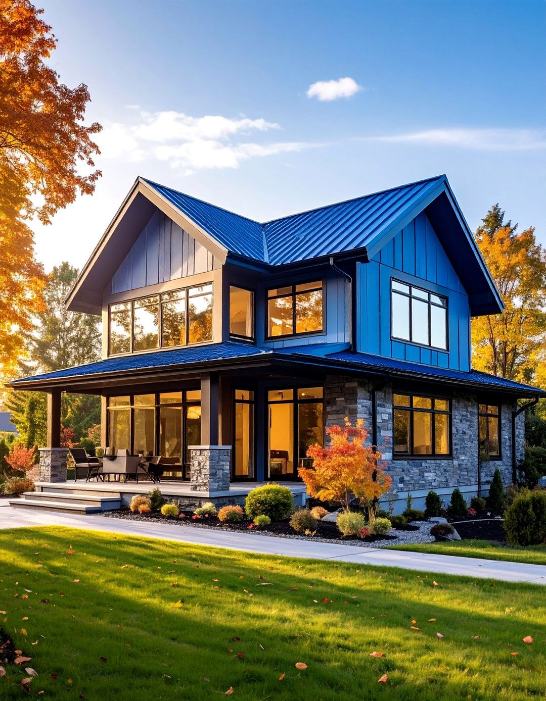Transitional Blue Metal Roof Suburban Home with Mixed Materials - 25 houses with blue metal roofs