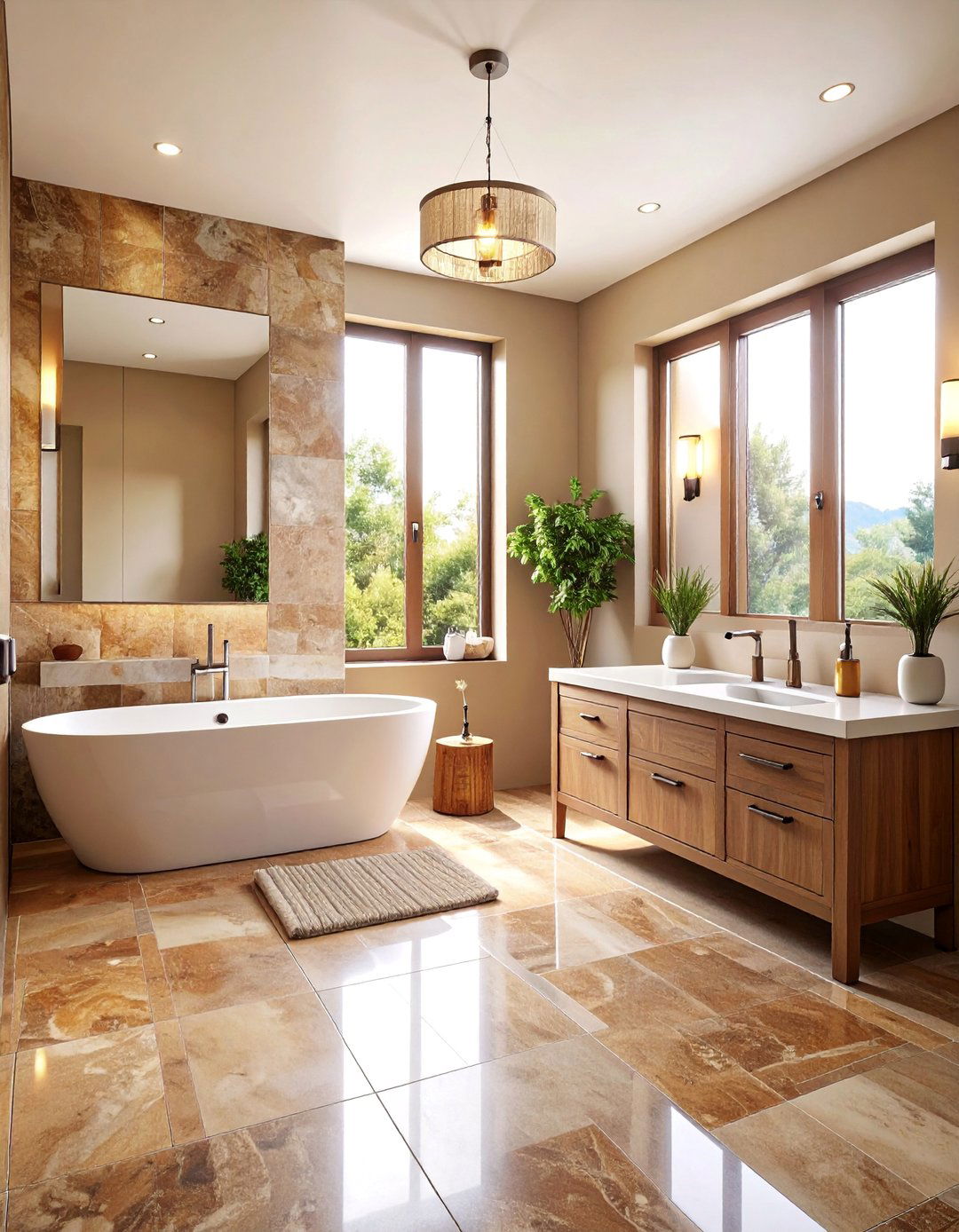 Transitional Brown Limestone with White Ceramic - 25 Brown and White Bathroom Ideas