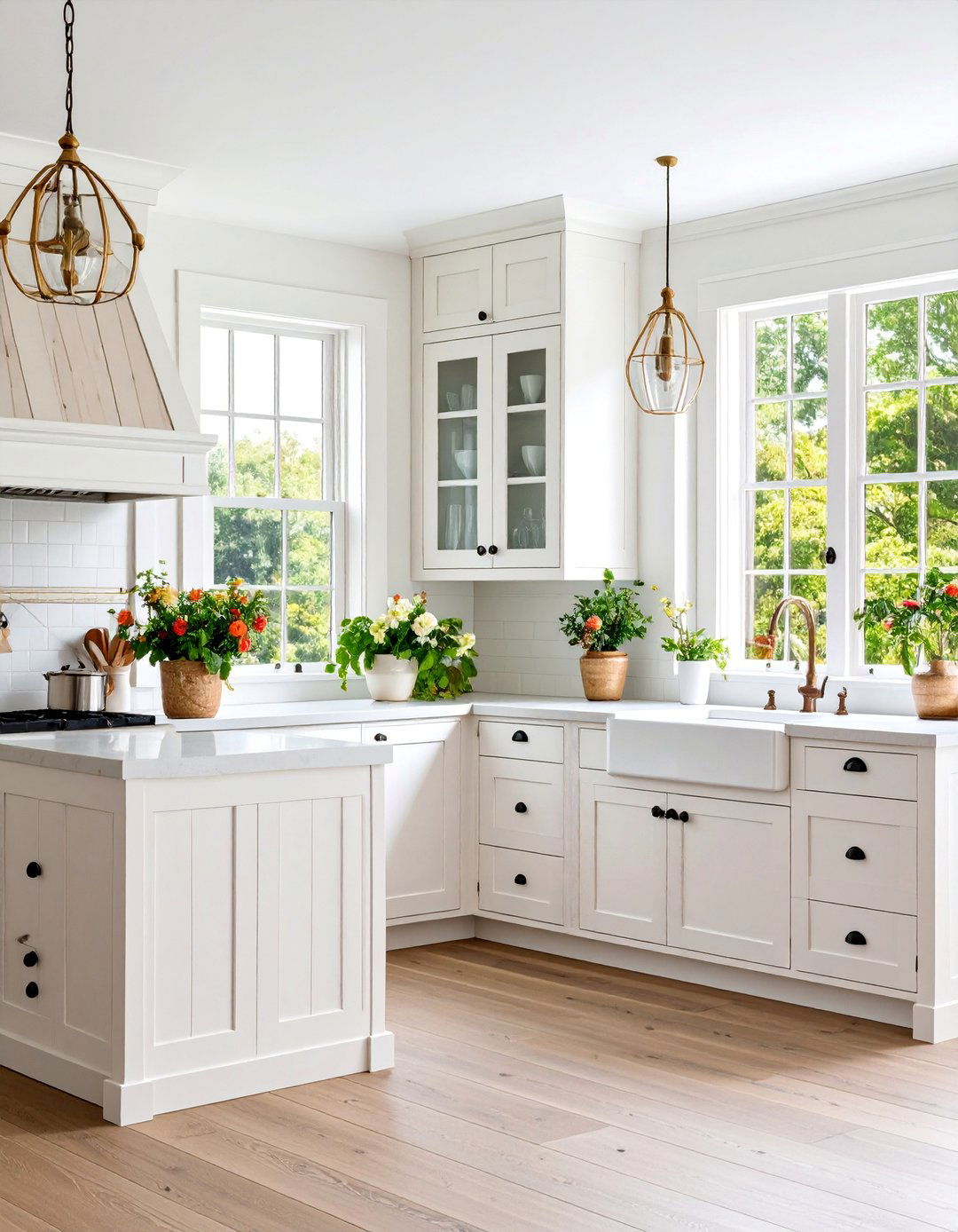 Transitional Cottage Kitchen with Glass Knobs and Black Pulls - 25 White Kitchen Cabinets With Black Hardware