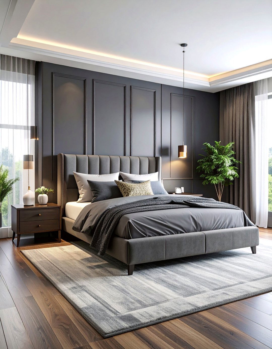 Transitional Dark Wood Bedroom with Gray Color Palette - 25 Dark Wood Bedroom Ideas