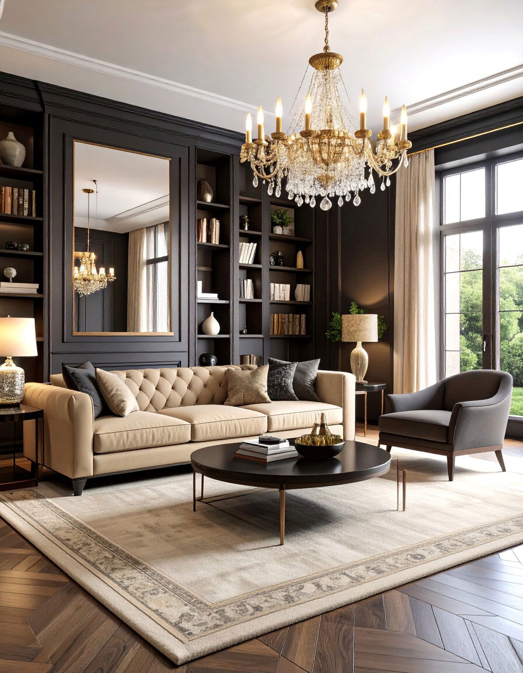Transitional Elegant Black Beige Living Room - 25 Black and Beige Living Room Ideas
