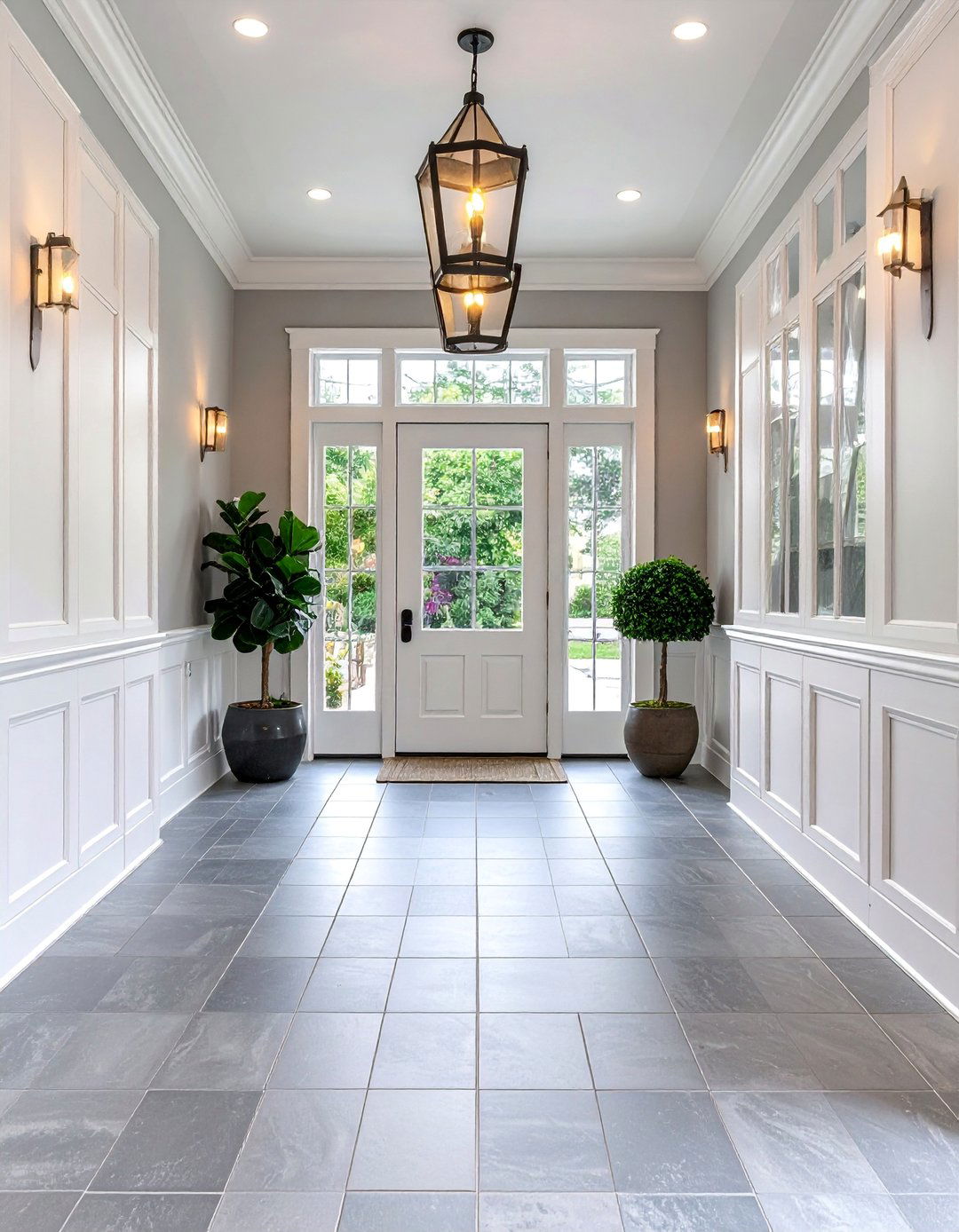 Transitional Entryway with Grey Tile Flooring and White Built ins - 25 Grey and White House Interior Design Ideas