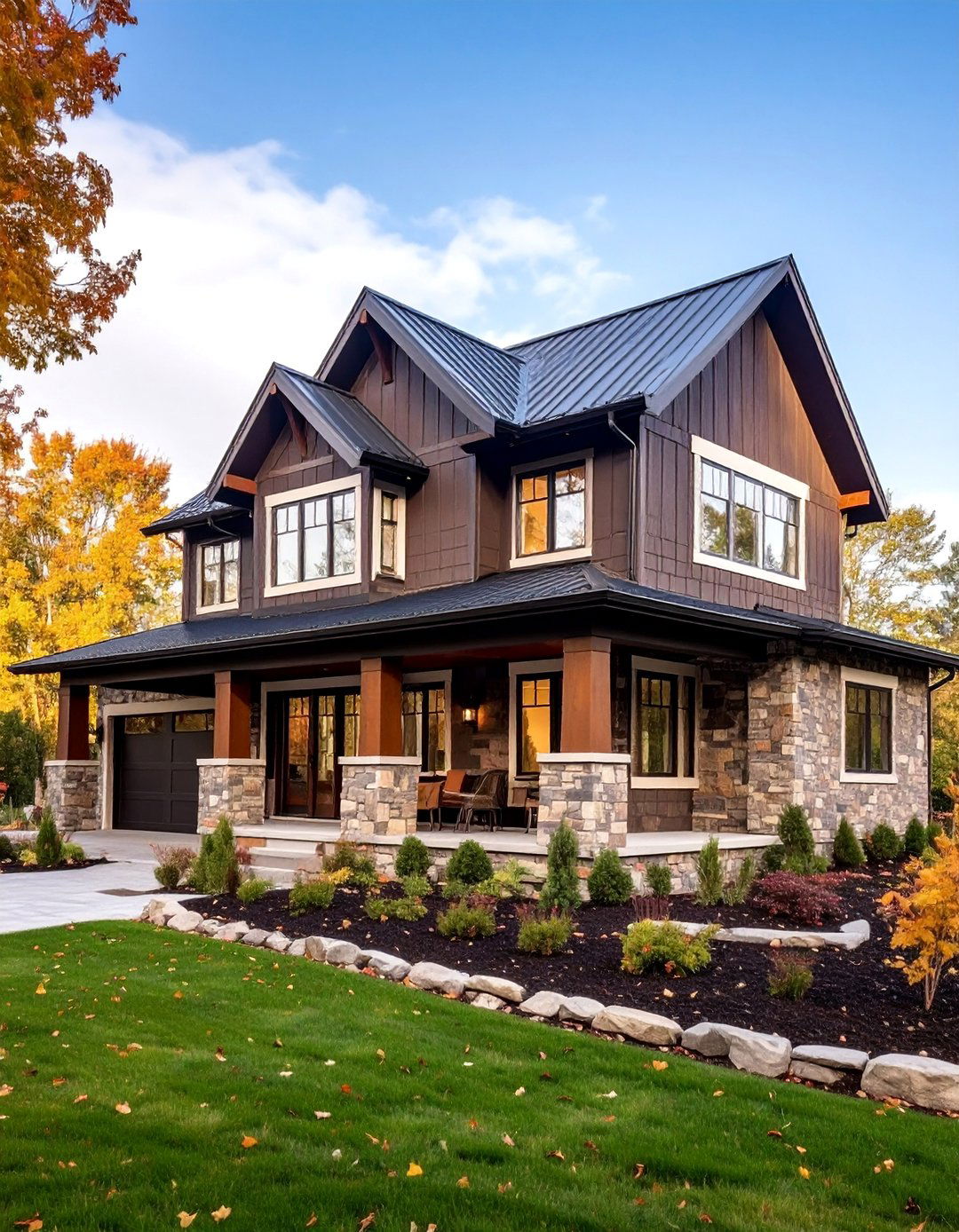 Transitional Farmhouse with Chocolate Brown Mixed Materials and White Trim - 25 Chocolate Brown House Exterior Design Ideas