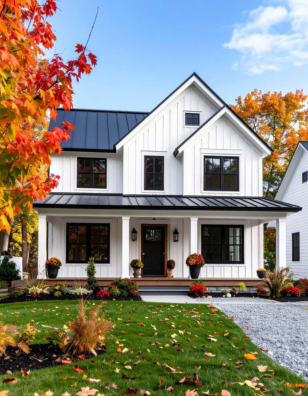 Transitional Farmhouse with Mixed Roof Materials - 25 White Exterior Home with a Black Roof Ideas