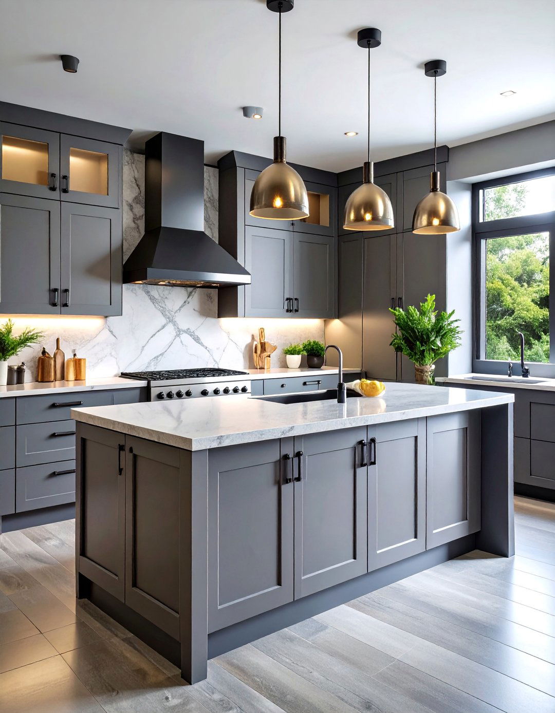 Transitional Gray Kitchen with Black Range Hood Feature - 25 Gray and Black Kitchen Ideas