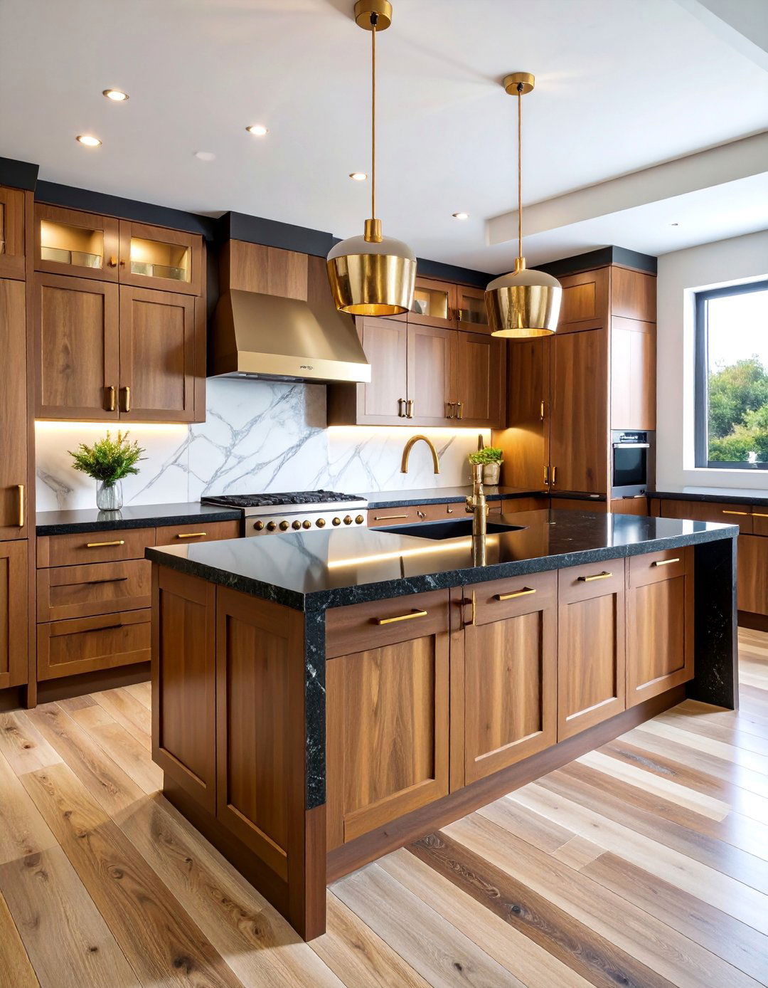 Transitional Kitchen with Honey Brown Cabinets - 25 kitchen with brown cabinets and black countertops ideas