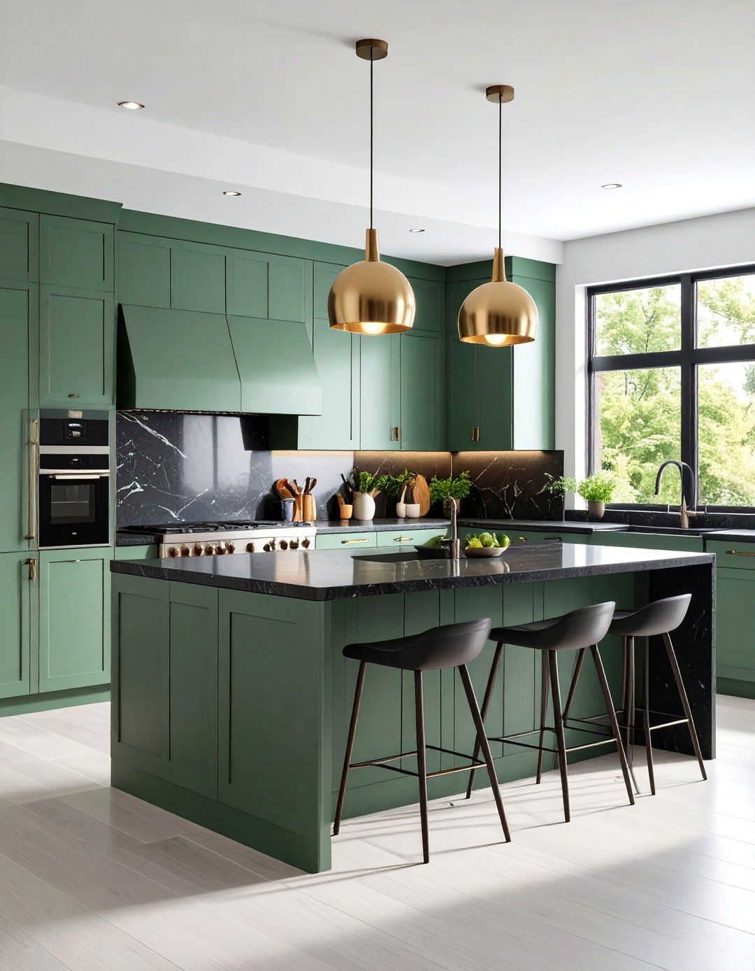 Transitional Kitchen with Sage Green Cabinets and Black Quartz Island - 25 Sage Green and Black Kitchen Ideas