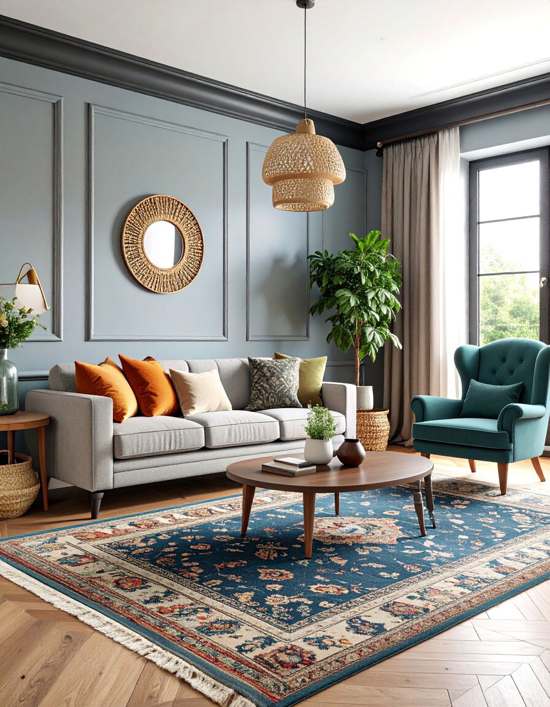 Transitional Living Room with Classic Crown Molding - 25 living room grey walls black trim