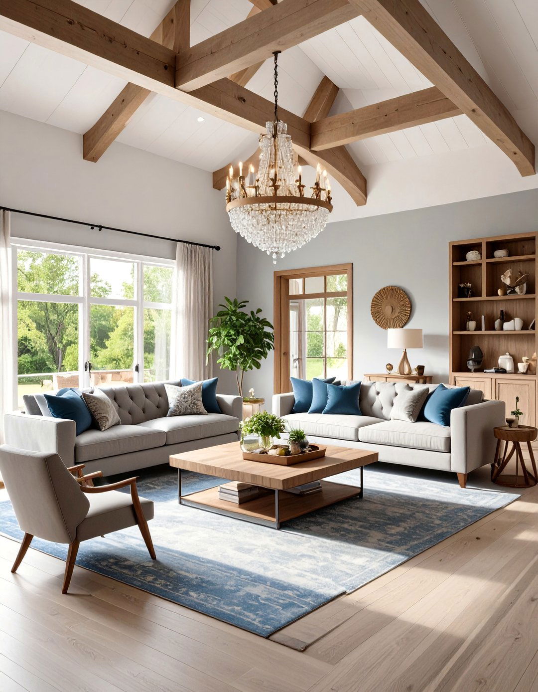 Transitional Living Room with Painted White Beams - 25 Exposed Beam Living Room Ideas