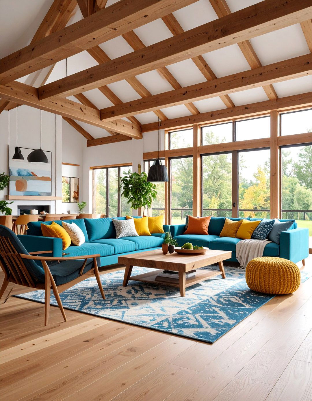 Transitional Living Space with Mixed Wood Beam Finishes - 25 Vaulted Ceiling With Beams