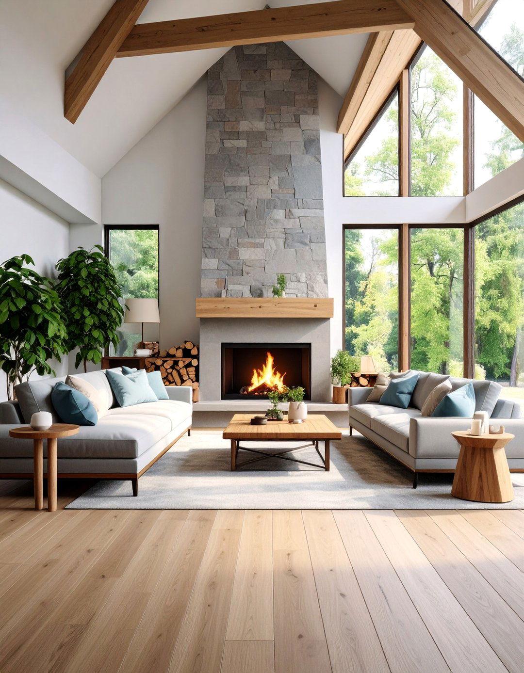 Transitional Mixed Material Design with Warm Neutrals - 25 Rooms With Fireplaces With Vaulted Ceilings Features