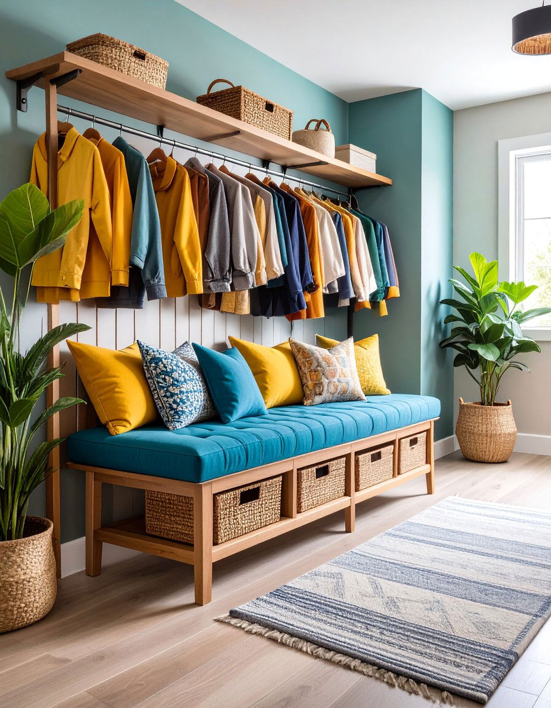 Transitional Mudroom Bench with Mixed Materials - 25 Mudroom Bench Ideas