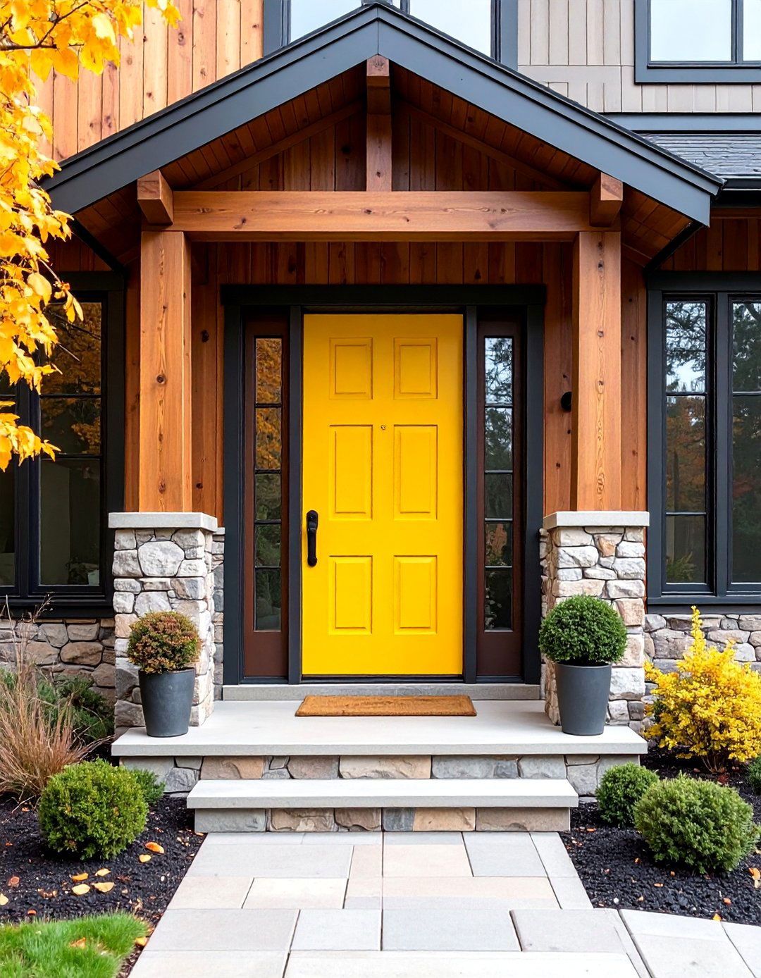 Transitional Mustard Door with Mixed Materials - 25 Mustard Yellow Front Door Ideas
