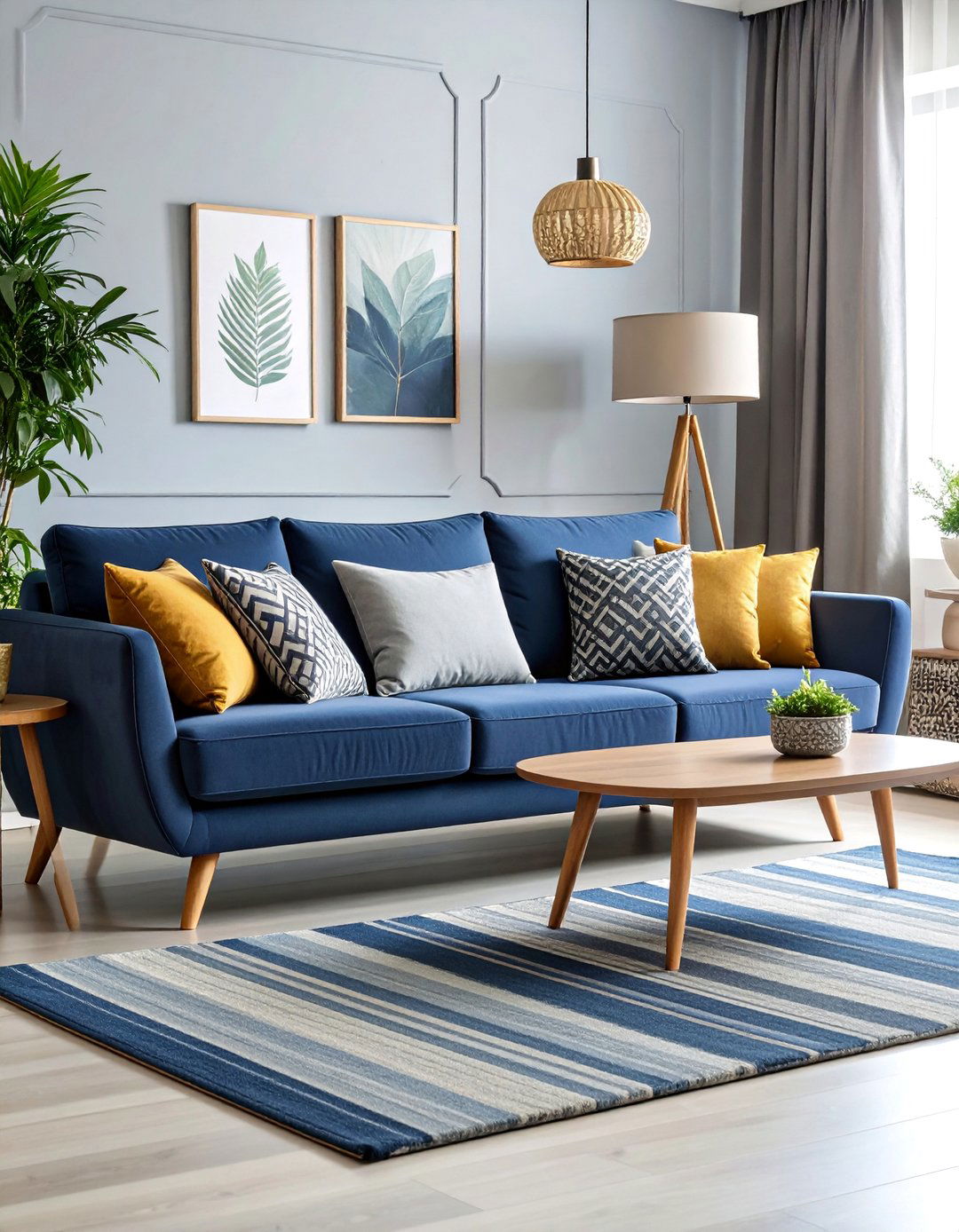 Transitional Navy and Grey Living Room with Mixed Patterns - 25 Navy Blue and Grey Living Room Ideas