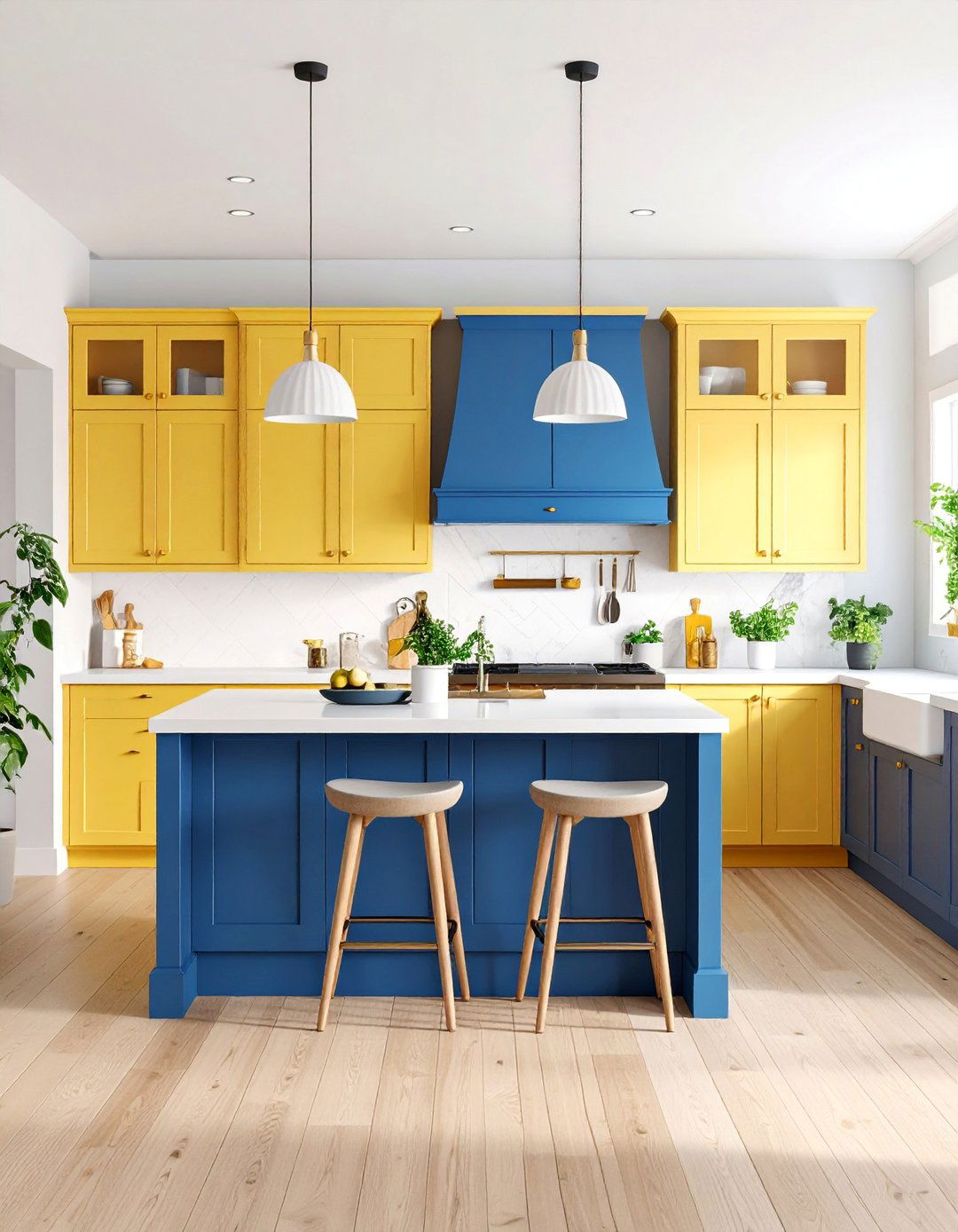 Transitional Pale Yellow Kitchen with Navy Blue Island - 25 Pale Yellow Kitchen Ideas
