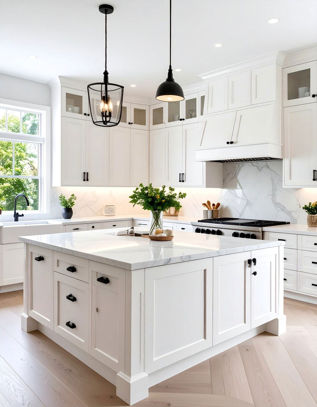 Transitional Raised Panel Kitchen with Mixed Hardware - 25 White Kitchen Cabinets With Black Hardware