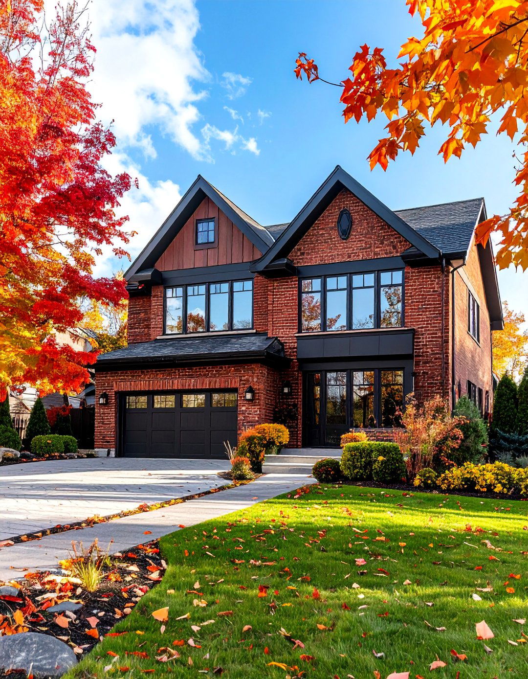 Transitional Red Brick House with Black Modern Window Walls - 25 Red Brick House with Black Trim Design Ideas
