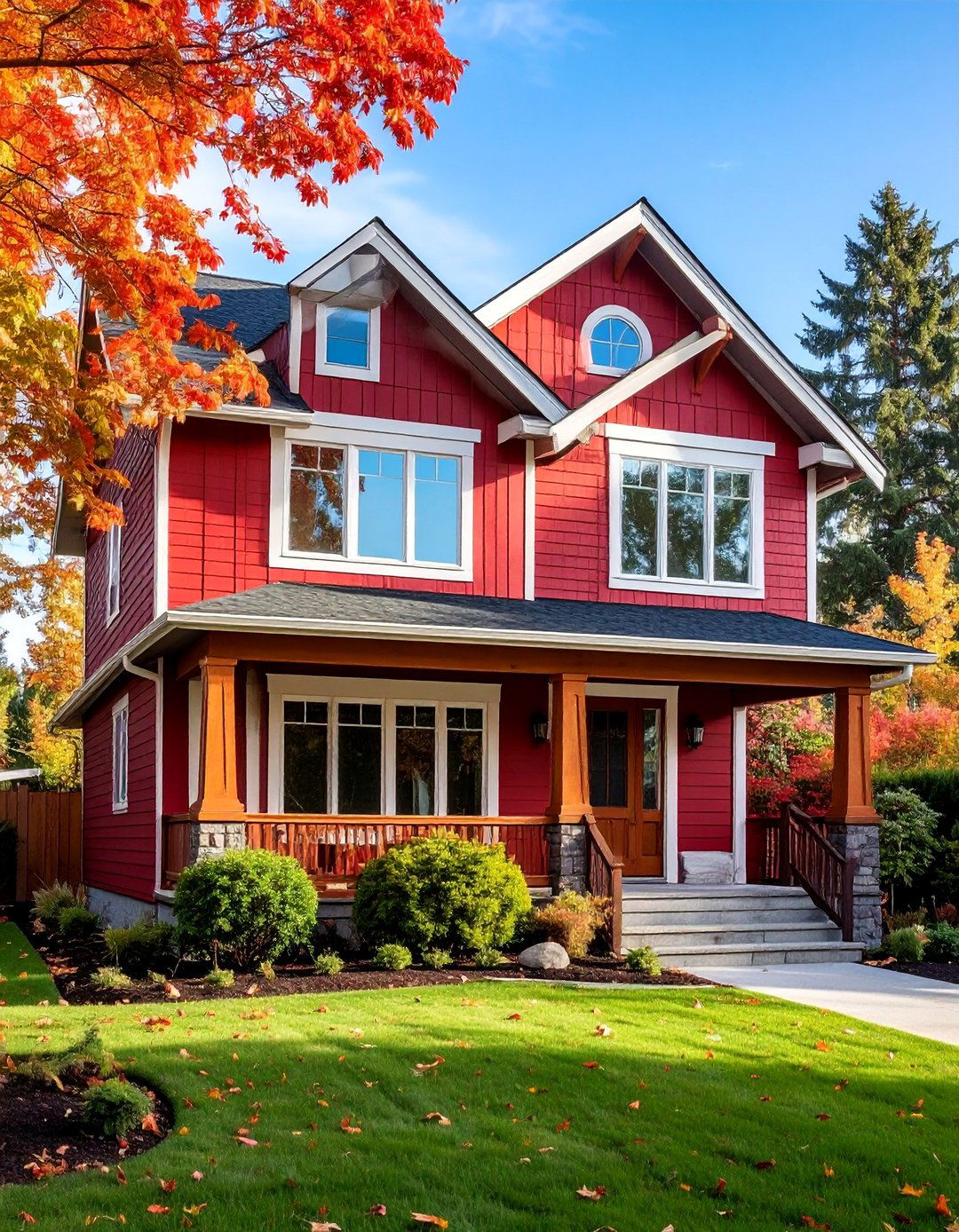 Transitional Red with Warm Wood Accents - 25 red home exterior ideas