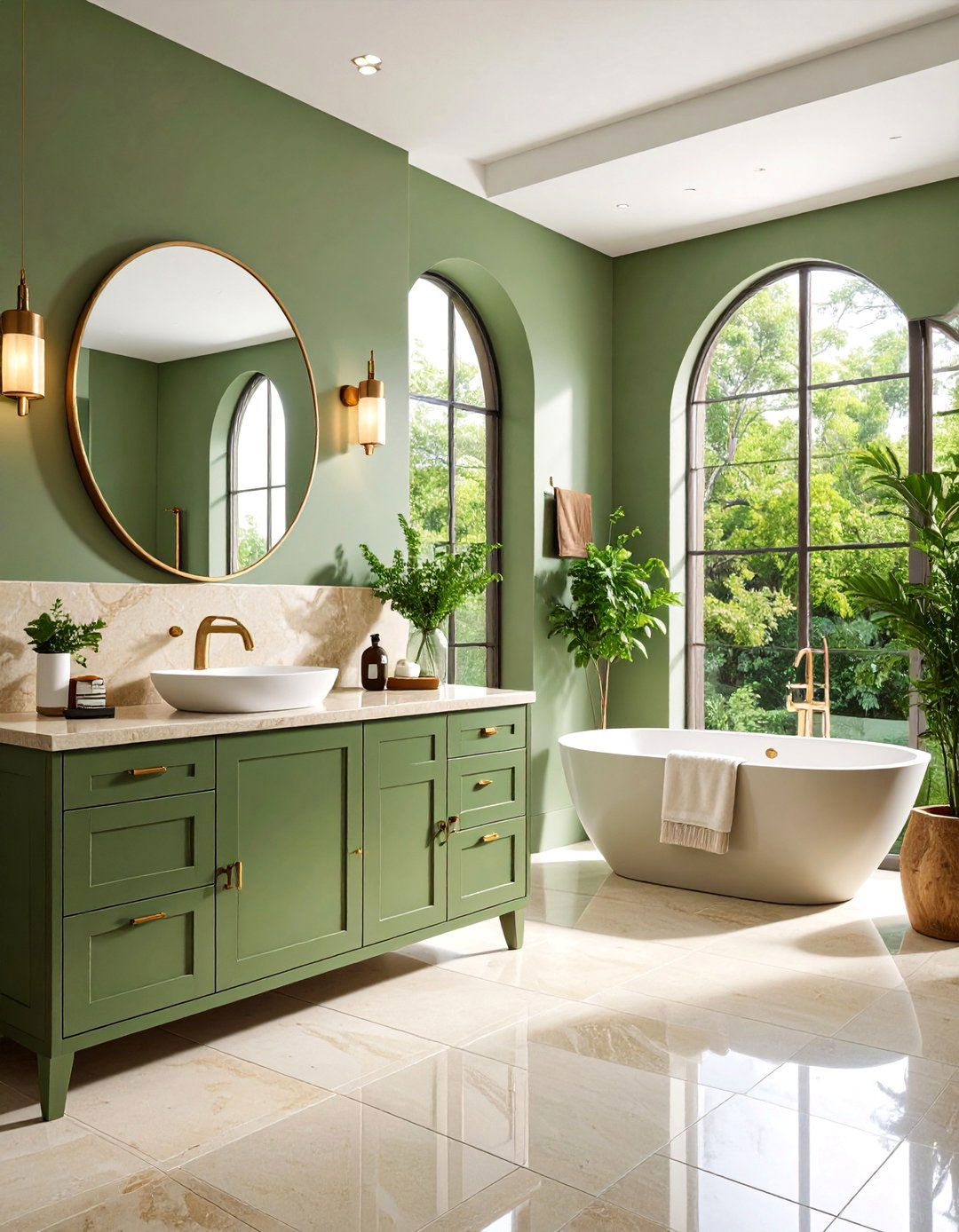 Transitional Sage Green Bathroom with Cream Granite Countertops - 25 Sage Green and Cream Bathroom Ideas