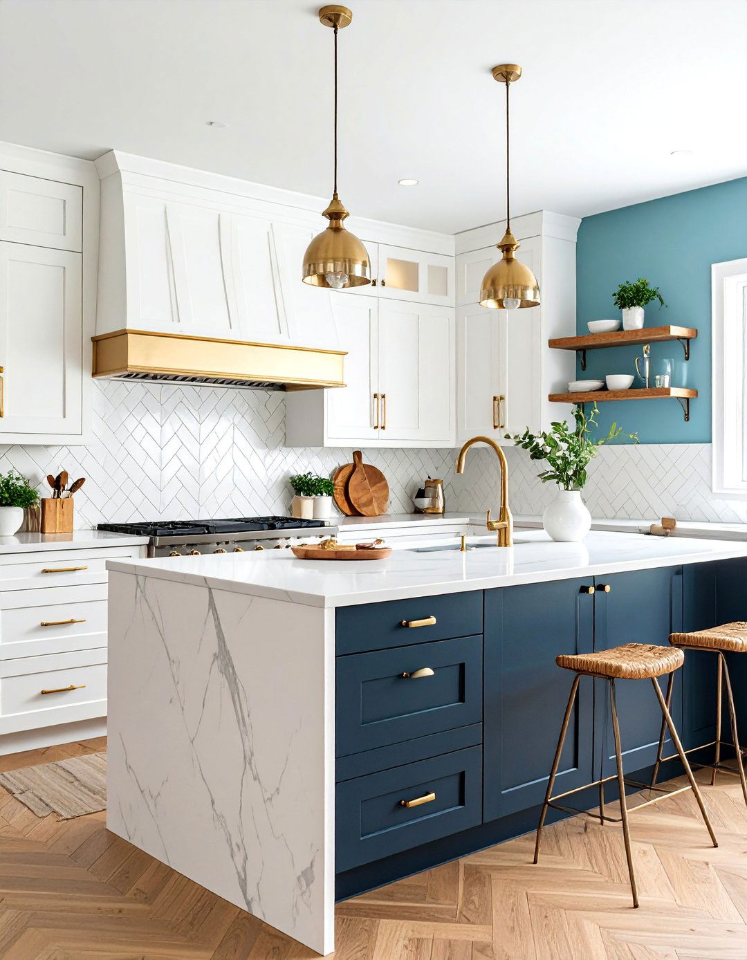 Transitional Two Tone Cabinet Design with Gold Hardware - 25 black white and gold kitchen ideas