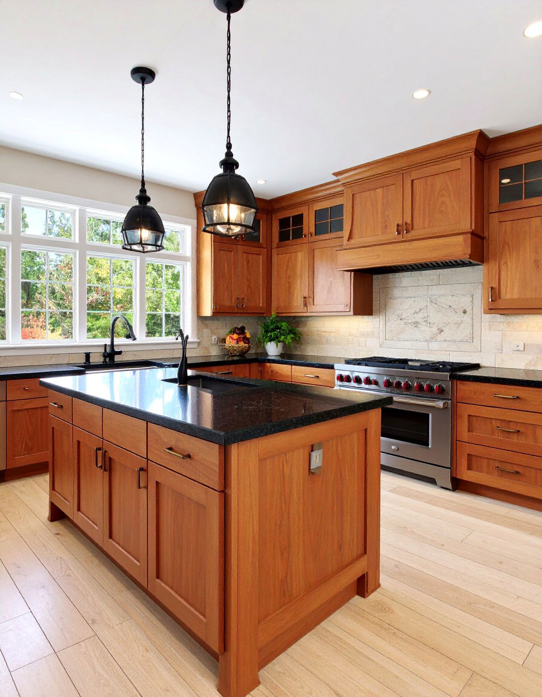 Transitional Two Tone Kitchen with Brown Lower Cabinets - 25 kitchen with brown cabinets and black countertops ideas