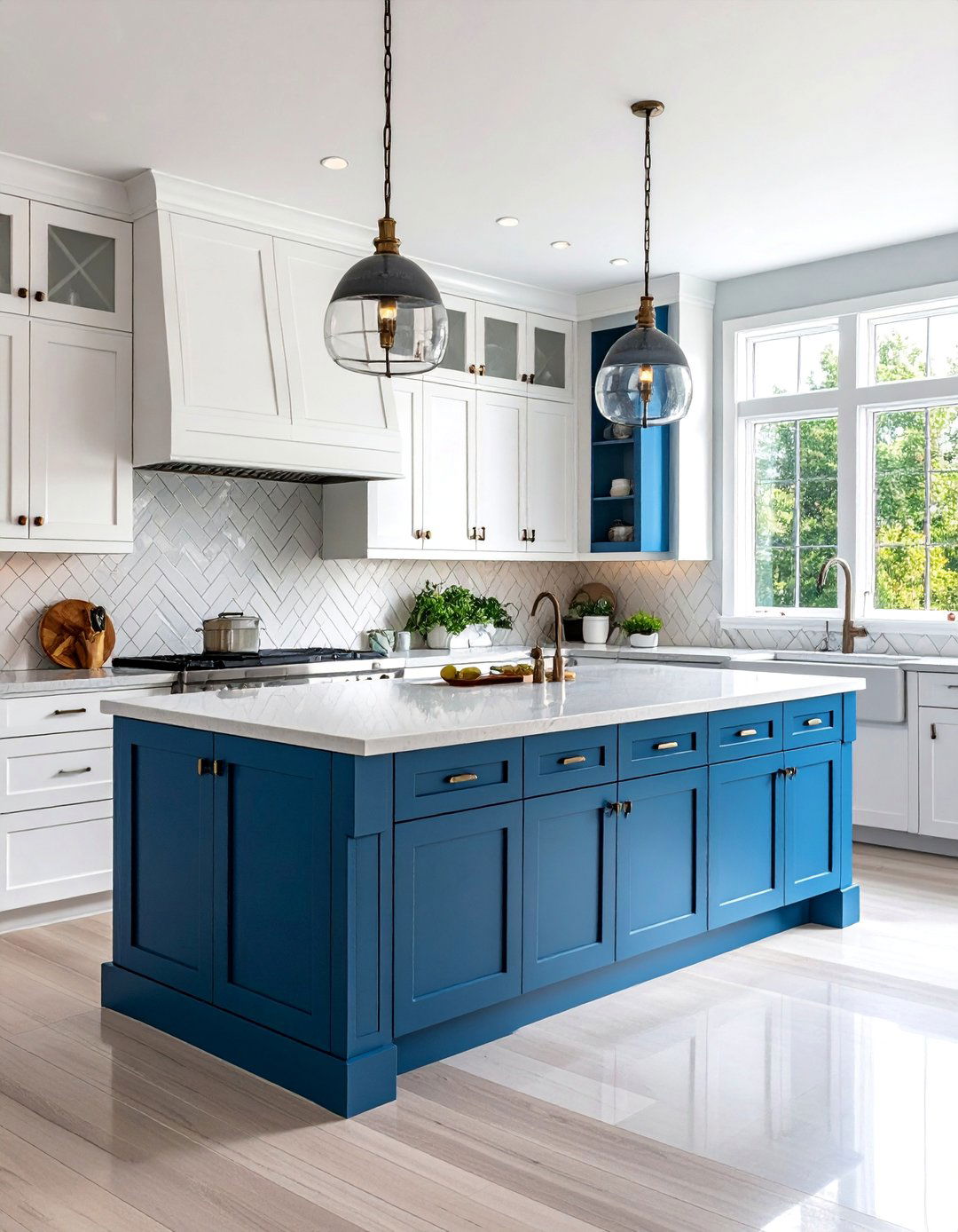 Transitional White Cabinets with Teal Blue Island - 25 White Kitchen Cabinets With Blue Island