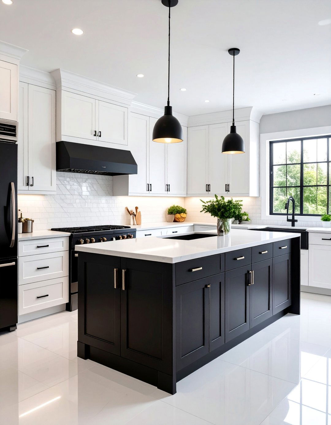 Transitional White Kitchen with Black Appliance Package - 25 White Kitchen with Black Appliances Ideas