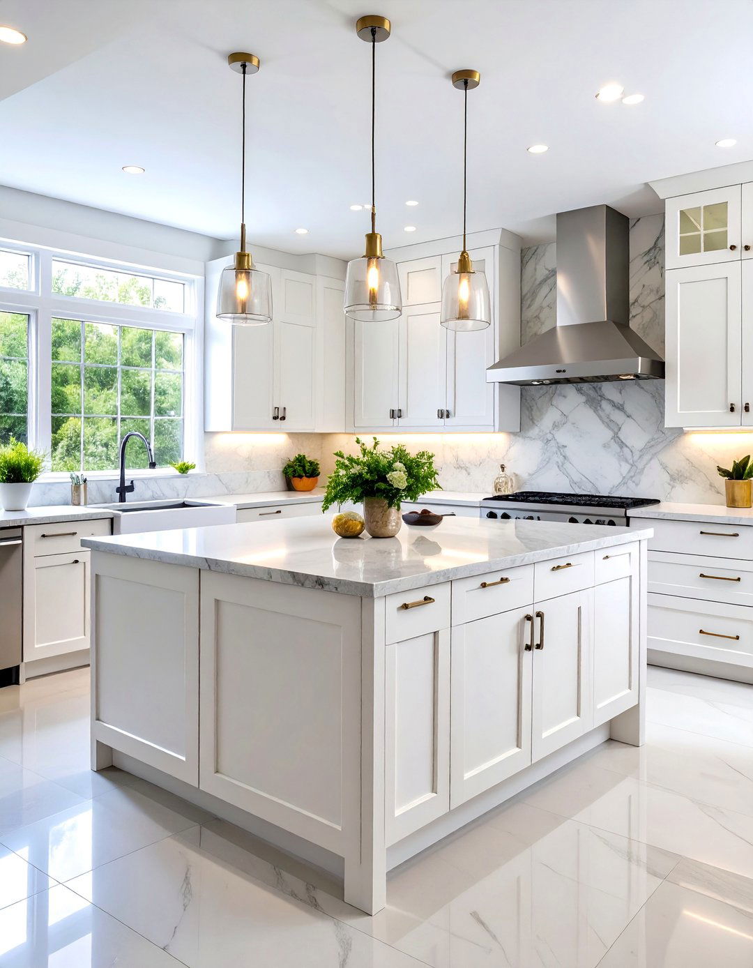 Transitional White Kitchen with Gray Quartz Countertops - 25 White Kitchen with Stainless Steel Appliances Ideas