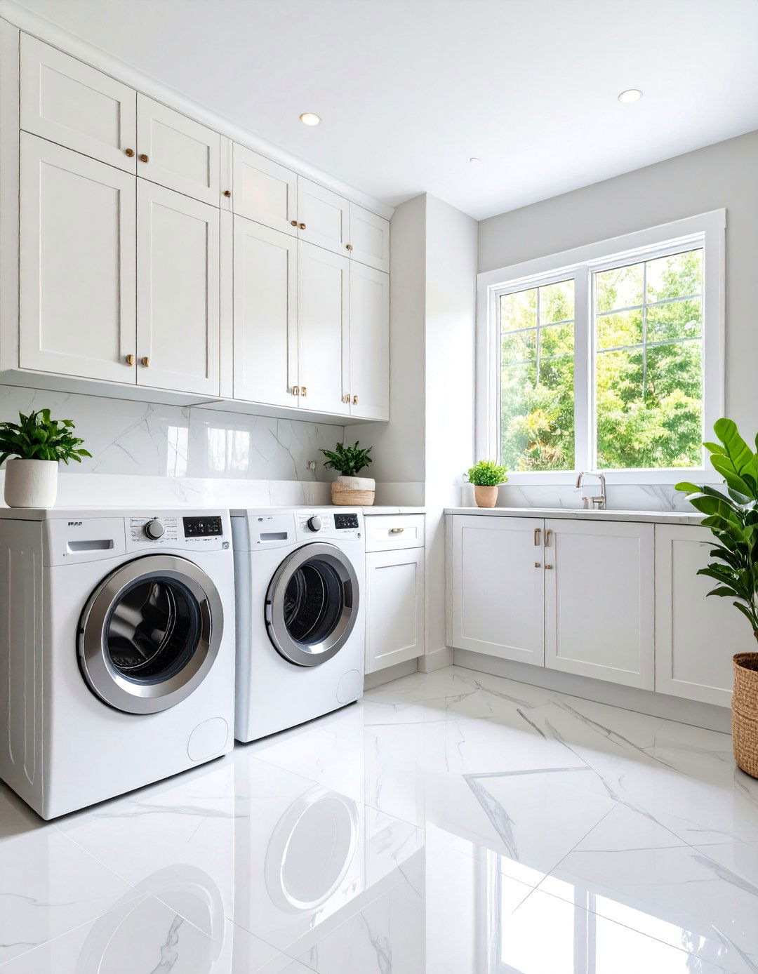 Transitional White Laundry Room with Mixed Textures - 25 White Laundry Room Ideas