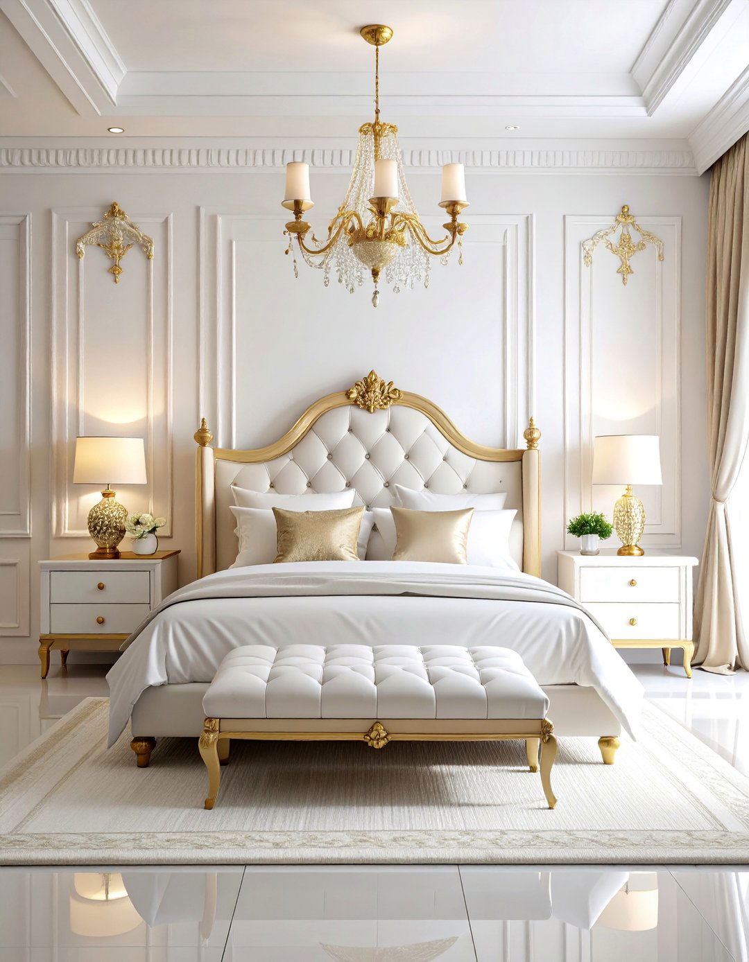 Transitional White and Gold Bedroom - 25 White and Gold Bedroom Ideas