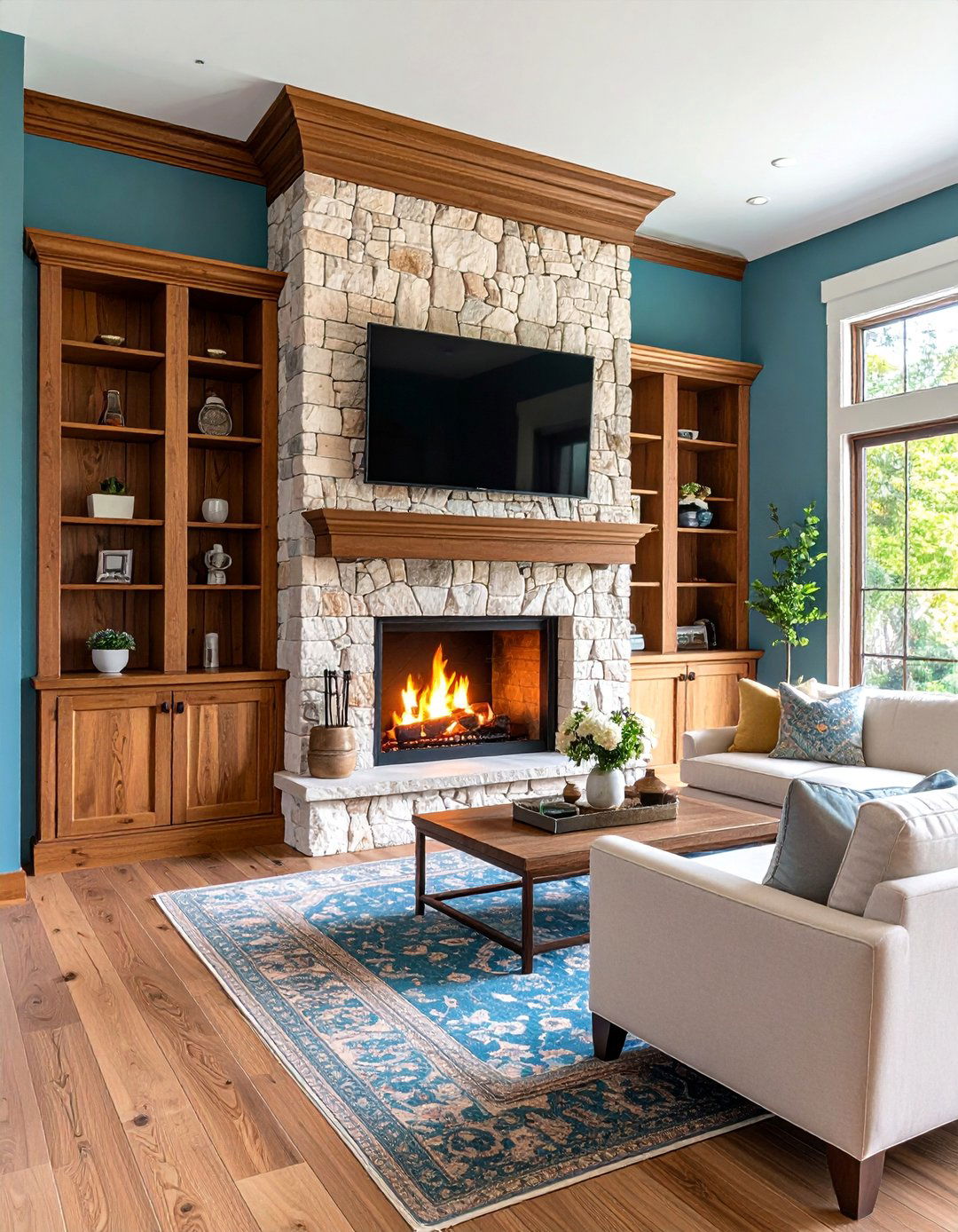 Transitional Wood and Stone Linear Fireplace with Symmetrical Built Ins - 25 Linear Fireplace Ideas With Tv Above