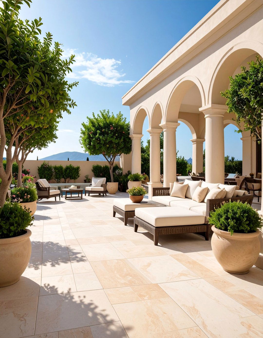 Travertine Elegance with Classic Proportions - 25 Stamped Concrete Patio Ideas