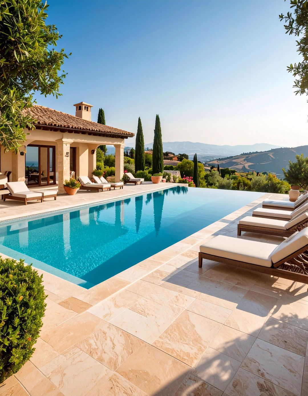 Travertine Pool Deck with Integrated Walkways - 25 Pool Walkway Ideas
