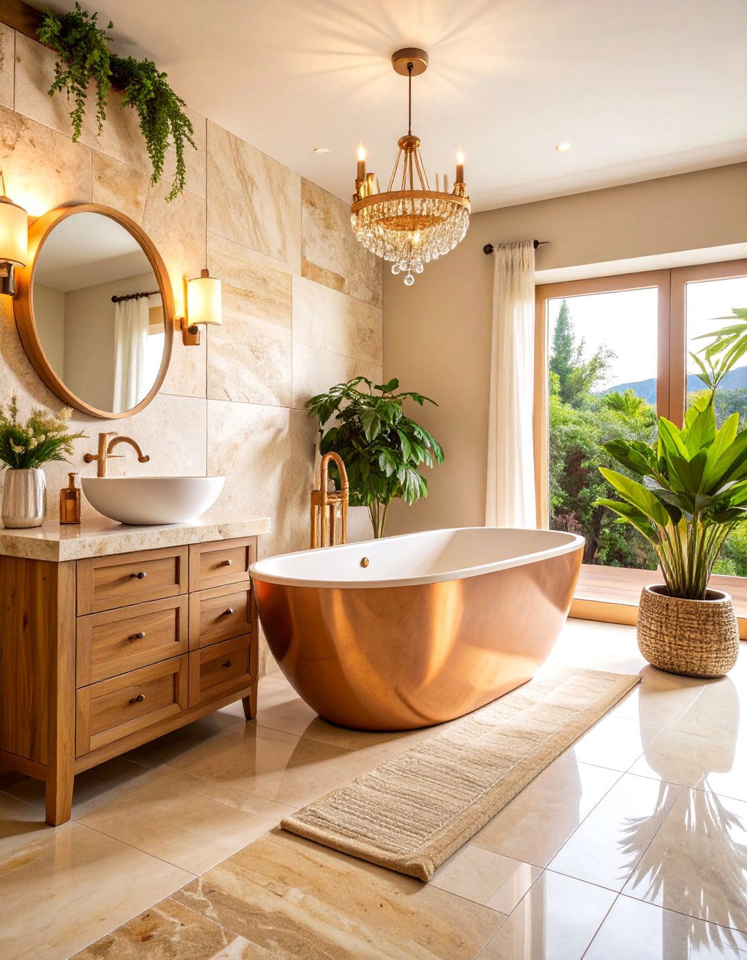 Travertine Stone Bathroom with Copper Accents - 25 Tuscan Bathroom Ideas