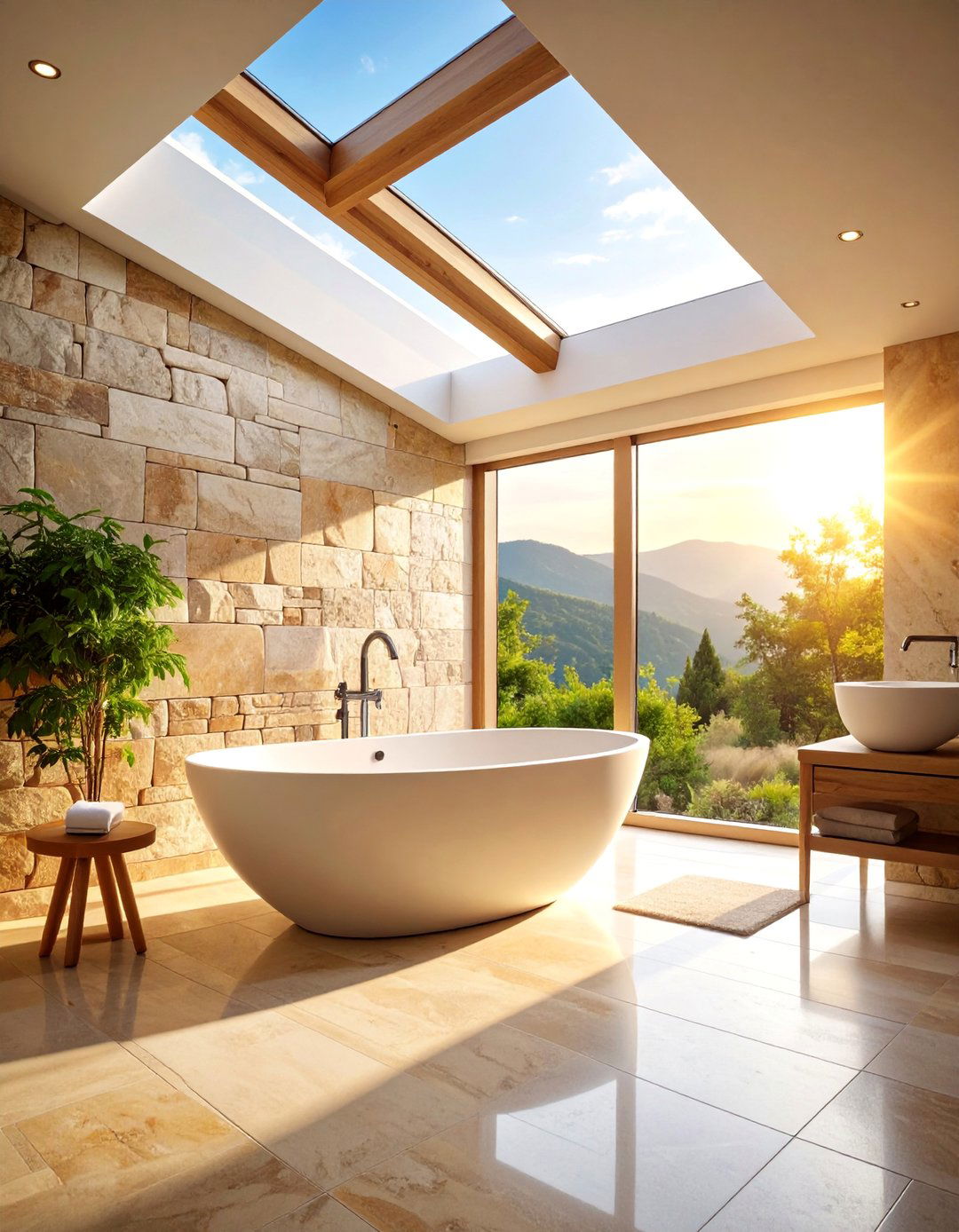 Travertine Stone Spa Bathroom with Skylights - 25 Earthy Bathroom Ideas