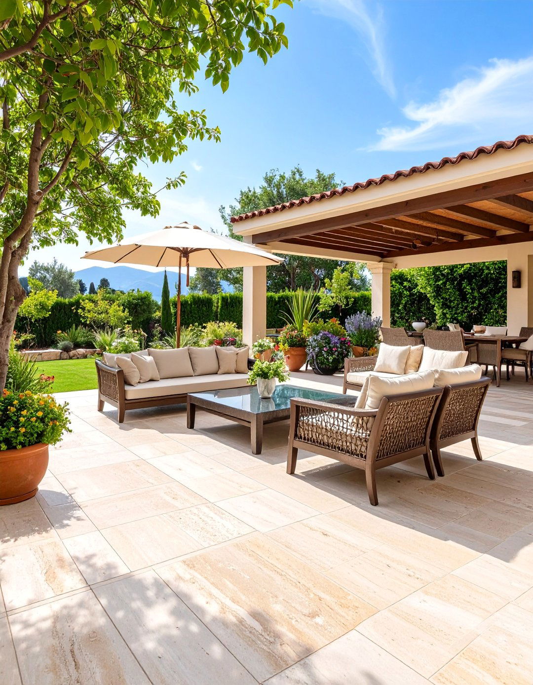 Travertine Tile Patio with Mediterranean Elegance - 25 Patio Flooring Ideas