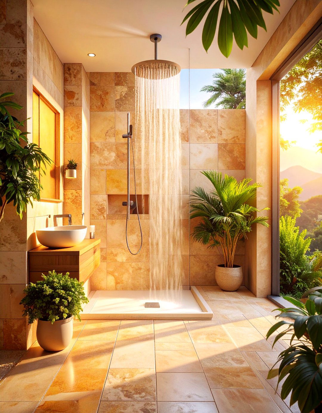 Travertine Tumbled Stone Shower with Mediterranean Warmth - 25 Stone Shower Design Ideas